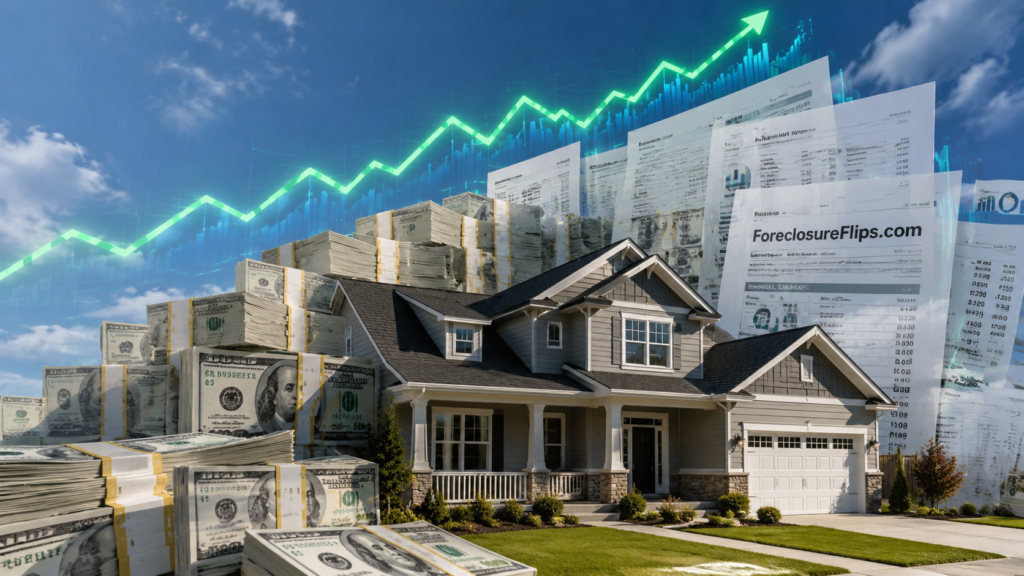 A realistic suburban house positioned beneath a translucent, glowing financial line graph that trends sharply upward across the sky.