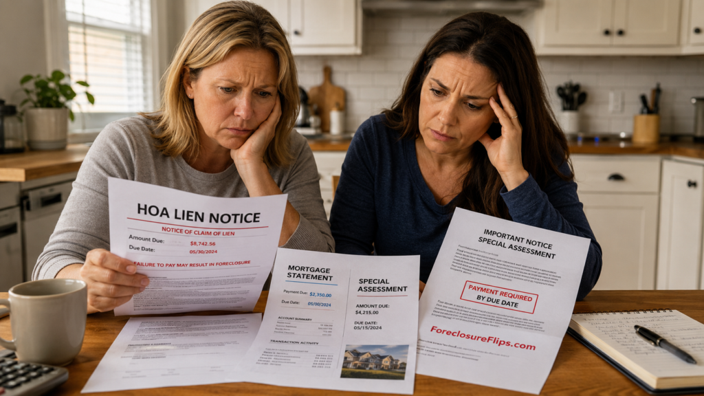 Two women sitting side-by-side at a kitchen table, focusing intently on an HOA lien notice, mortgage statements, and a special assessment letter spread before them.