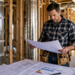 A professional house flipper in a focused posture reviews architectural energy compliance documents within a residence undergoing renovation.