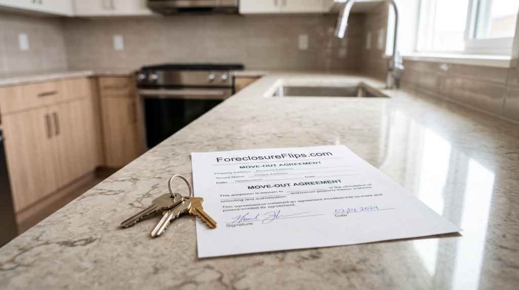 A tidy, vacant kitchen counter featuring a set of metal house keys placed beside a signed move-out agreement.