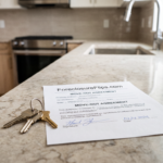 A tidy, vacant kitchen counter featuring a set of metal house keys placed beside a signed move-out agreement.