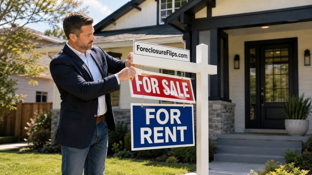 A professional investor in the front yard of a newly renovated suburban house, captured in the act of swapping a “For Sale” sign for a “For Rent” sign.