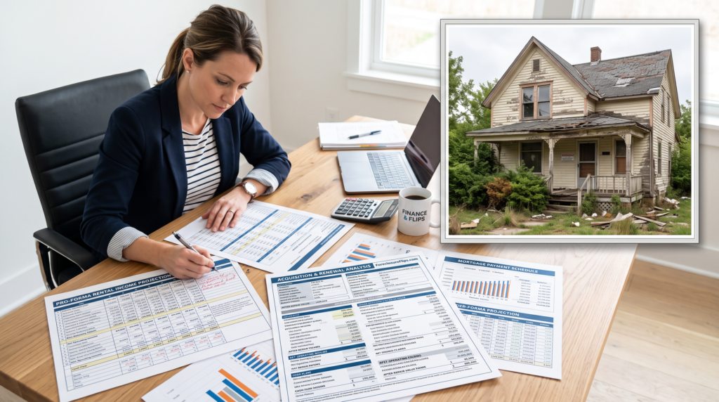 A focused professional analyzing financial spreadsheets, mortgage payment charts, and rental income projections spread across a workspace.
