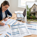 A focused professional analyzing financial spreadsheets, mortgage payment charts, and rental income projections spread across a workspace.