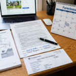 A professional desktop arrangement featuring a signed REO purchase contract with visible ink signatures, an official earnest money wire confirmation, a detailed inspection report, and a calendar with a marked closing deadline.