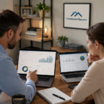 A professional couple sitting together in a modern home office, focused on comparing analytical charts and data visualizations on their laptop screens.
