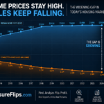 A sophisticated data visualization showing a plateaued high-value trend line for home prices contrasted against a declining slope for completed home sales.