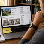 A focused real estate investor reviewing a residential property listing and detailed financial spreadsheets on a laptop screen.