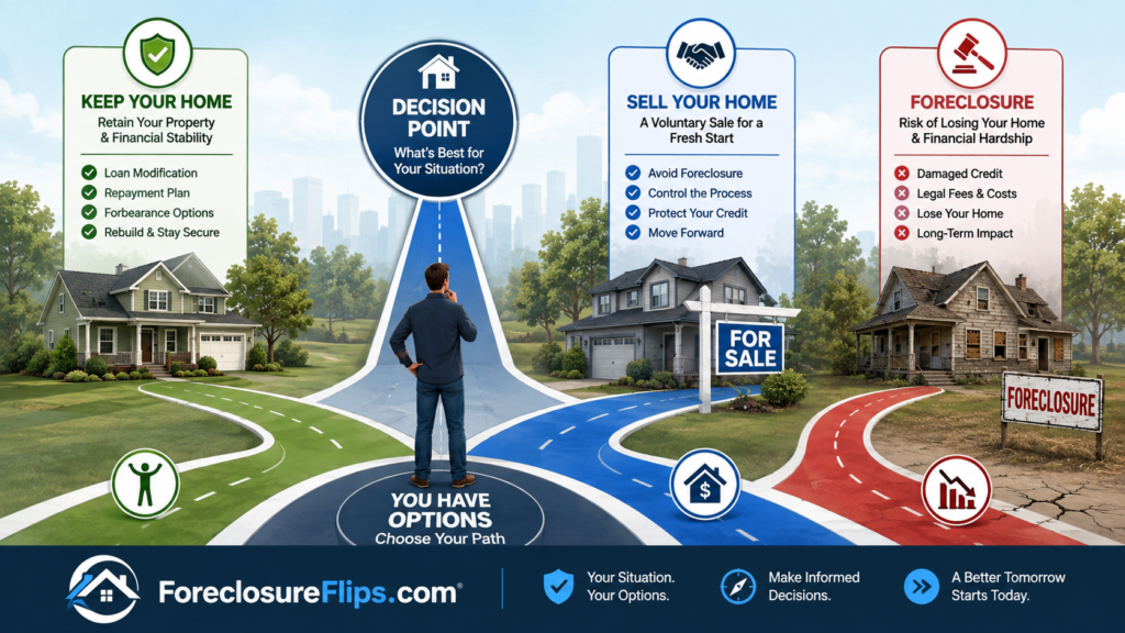 Editorial illustration of a clean flow graphic showing a homeowner at a central decision point.