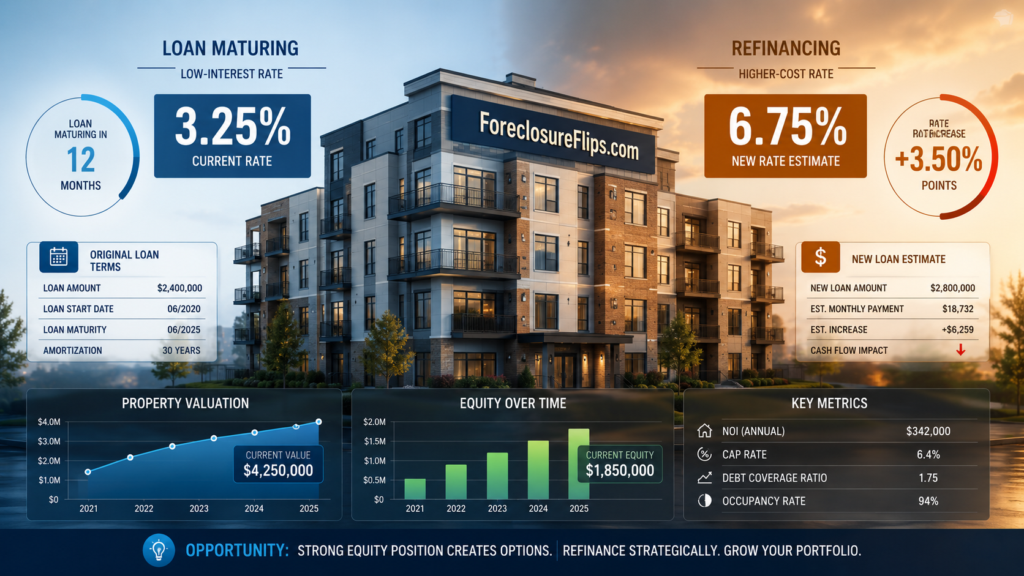 A professional financial infographic centered on a multi-family apartment building.