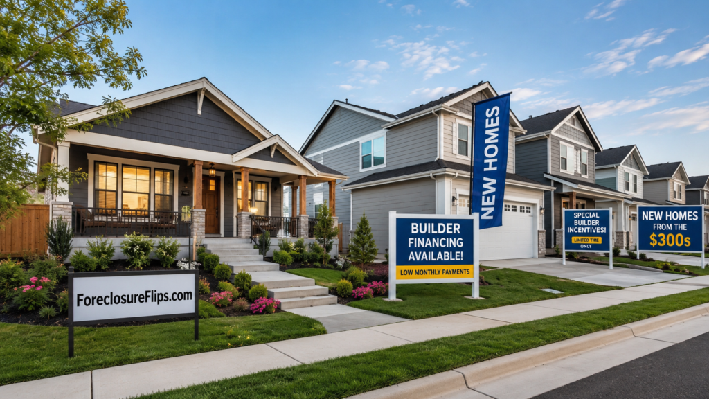 A side-by-side suburban comparison featuring a freshly renovated home with modern finishes and manicured landscaping positioned next to a row of newly constructed houses.
