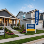 A side-by-side suburban comparison featuring a freshly renovated home with modern finishes and manicured landscaping positioned next to a row of newly constructed houses.