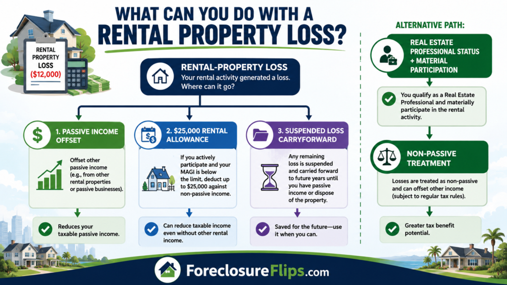 Infographic of a rental-property loss entering a decision tree with three paths
