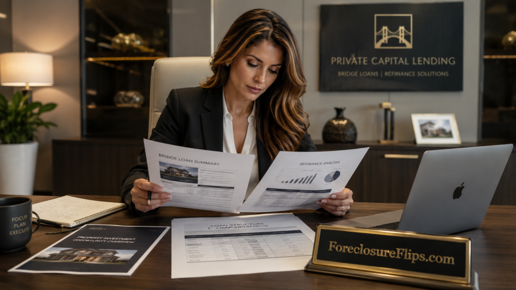 A focused female real estate investor in professional attire reviewing private bridge loan and refinance documents at a polished desk.