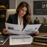 A focused female real estate investor in professional attire reviewing private bridge loan and refinance documents at a polished desk.
