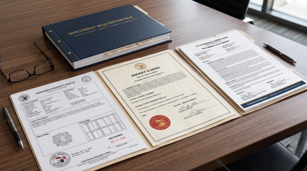 A crisp, organized layout of legal real estate documents featuring a prominent foreclosure deed laid beside a comprehensive title report, official county property records, and bound investment acquisition files.