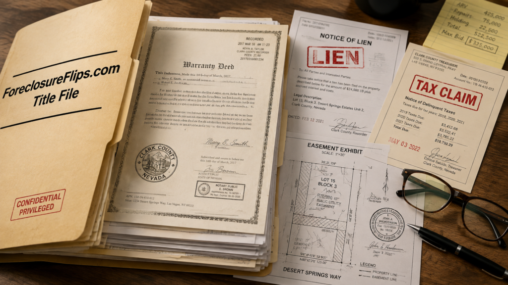 A thick manila folder sits open on a wooden desk, revealing a stack of legal documents and a property deed with official government seals.