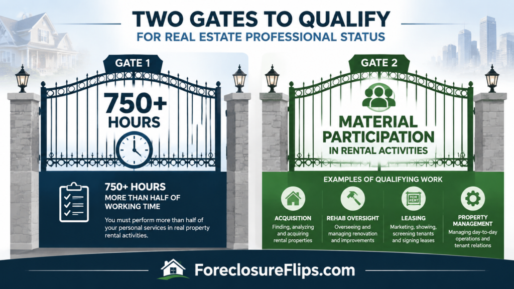 Infographic showing the hours and participation tests real estate investors must meet for real estate professional status.