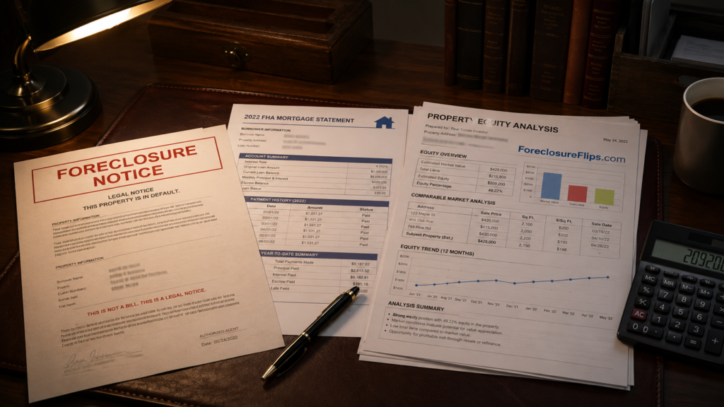 A foreclosure notice with prominent red lettering rests on an investor's dark wood desk, positioned beside a 2022 FHA mortgage statement and a multi-page property equity analysis filled with financial tables and color-coded graphs.