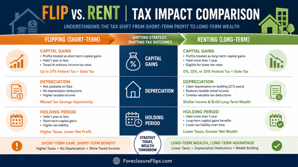 Professional infographic layout with clean, modern icons and structured diagrams comparing the tax implications of flipping versus renting a property.