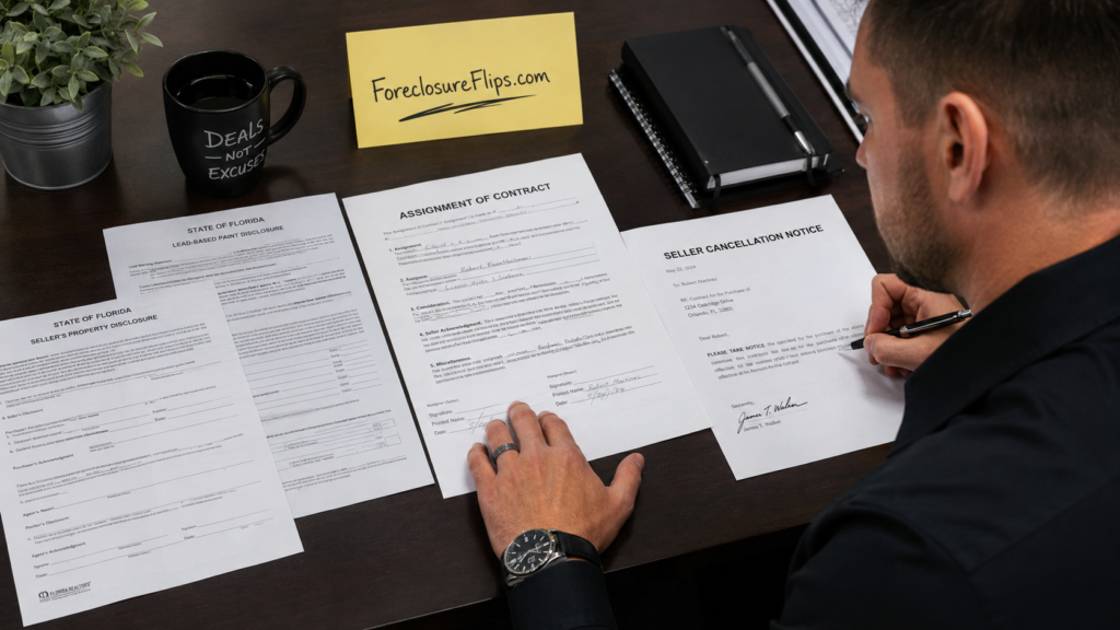 A focused real estate wholesaler analyzing legal paperwork spread across a desk, specifically comparing various state disclosure forms, a signed assignment contract, and a formal seller cancellation notice.