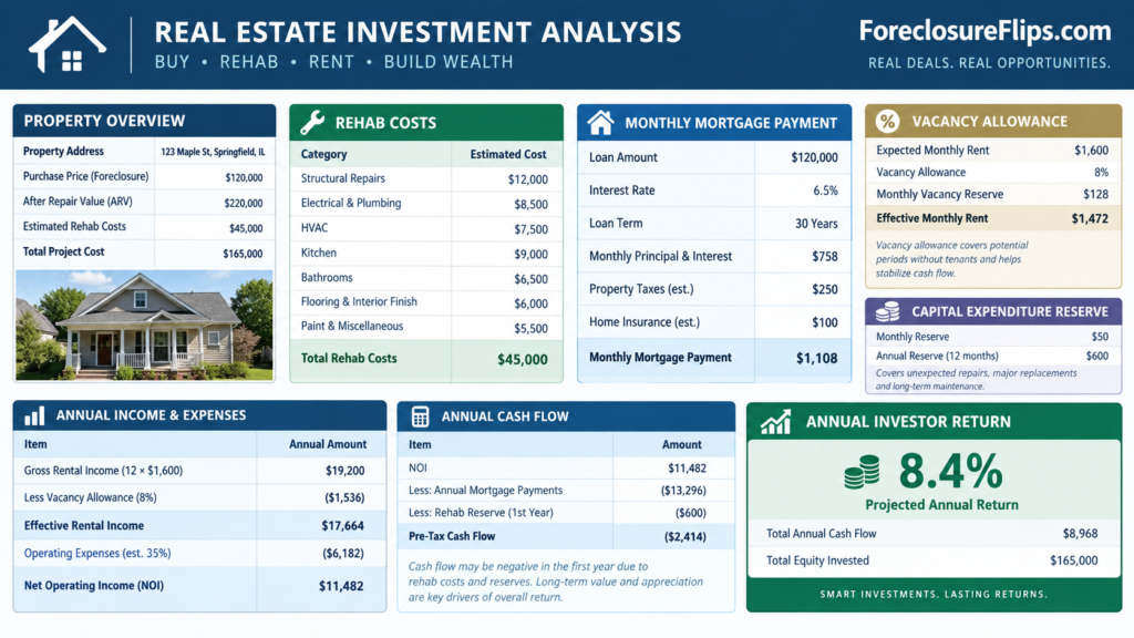 A professional and structured real estate investment spreadsheet featuring clear sections for rehab costs, monthly mortgage payments, vacancy allowance percentages, and capital expenditure reserves.