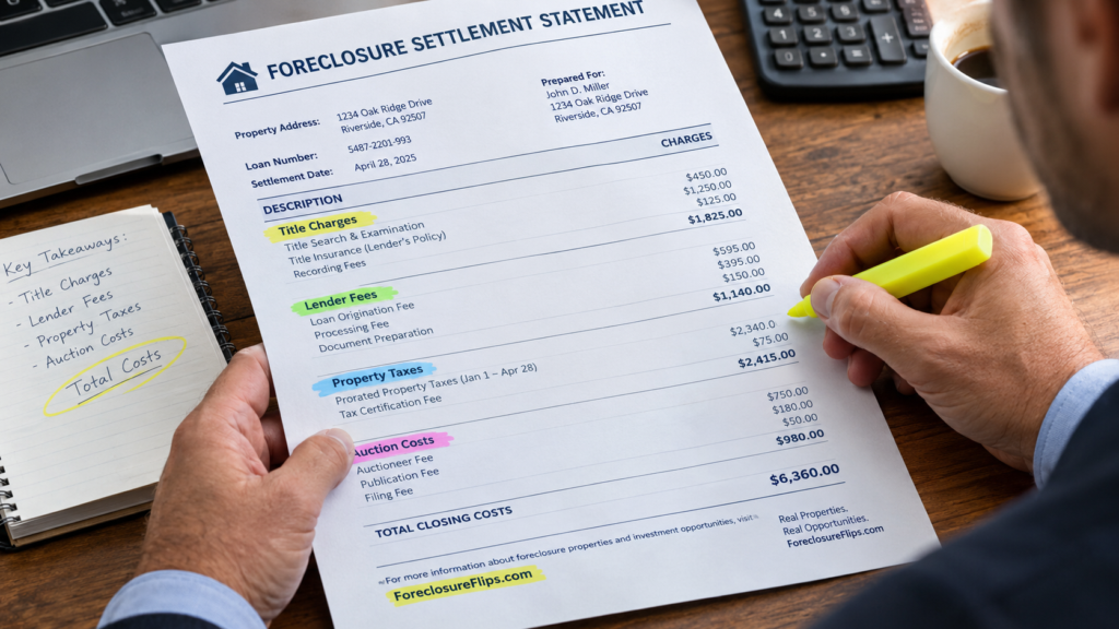 A professional investor closely examining a foreclosure settlement statement, where specific sections for title charges, lender fees, property taxes, and auction costs are clearly emphasized with bright highlighter strokes.