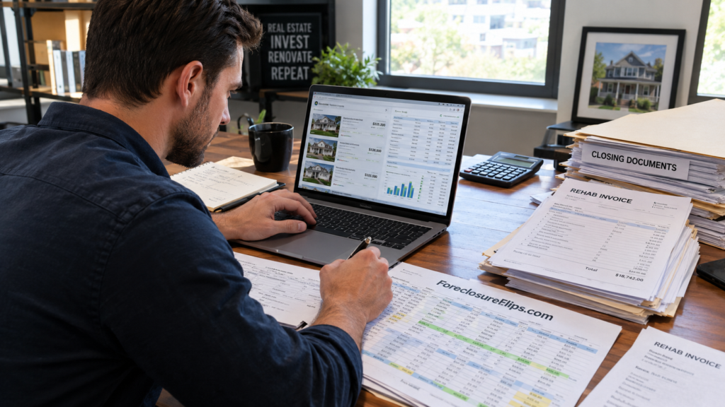 A professional real estate investor focused on a laptop, surrounded by detailed rehab invoices, stacks of closing documents, and printed financial spreadsheets on a desk.