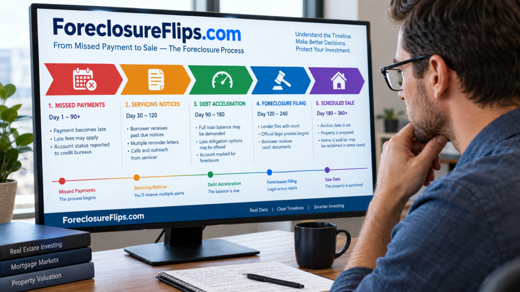 A focused investor analyzing a detailed mortgage default timeline chart.