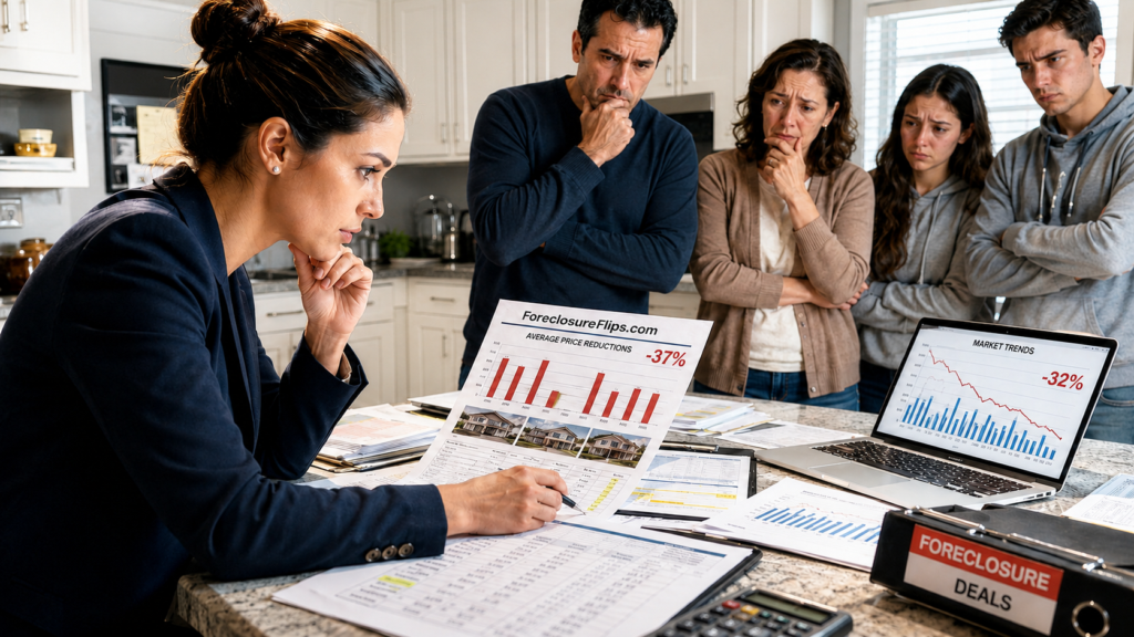 A focused foreclosure investor scrutinizes spreadsheets and real estate charts highlighting significant price cuts.