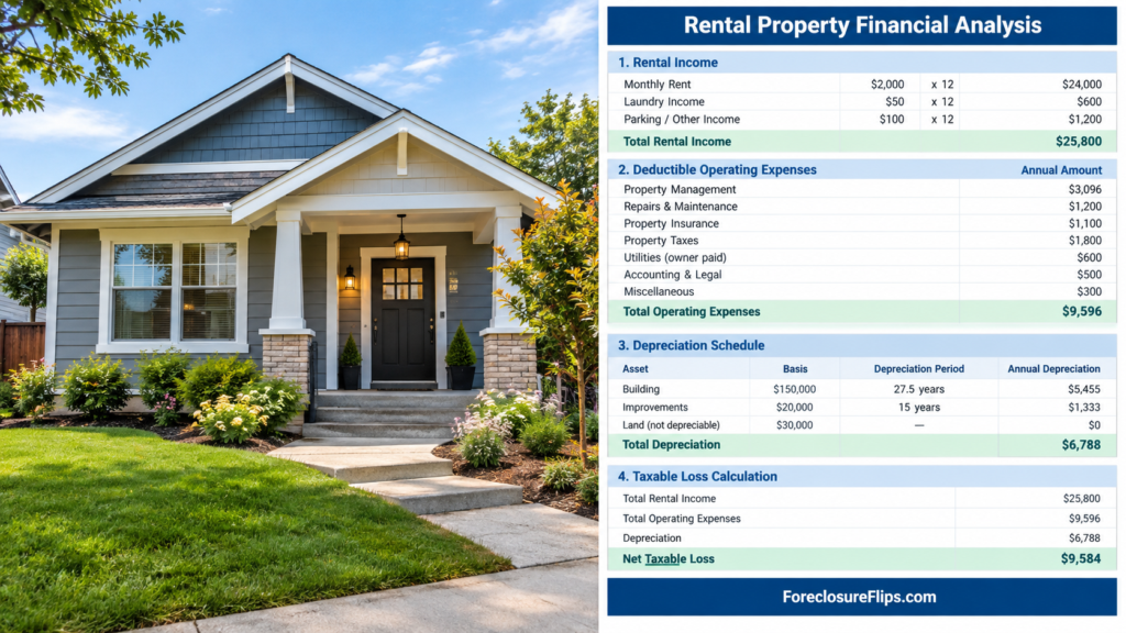 A modernly renovated residential rental property with a fresh exterior and updated landscaping, positioned alongside a clear, professional financial spreadsheet.