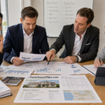 A group of real estate investors intensely analyzing foreclosure property data and financial terms spread across a table.