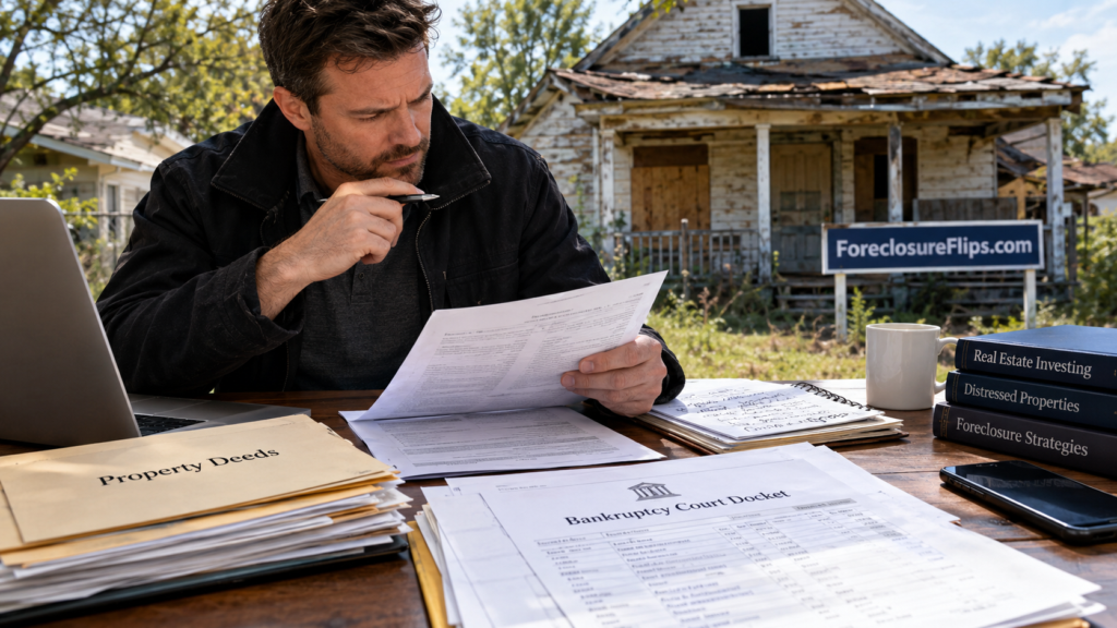A focused real estate investor meticulously analyzes a spread of property deeds and official bankruptcy court dockets on a desk.