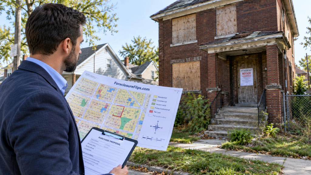 A professional real estate investor in business casual attire stands on a sidewalk, comparing a detailed municipal property map to a vacant two-story house.