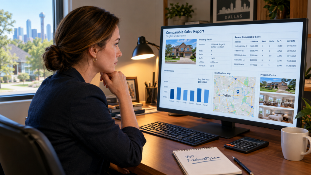 A professional woman sits in her organized home office, focused on a computer monitor displaying a comprehensive real estate comparable sales report with charts, property photos, and neighborhood maps.