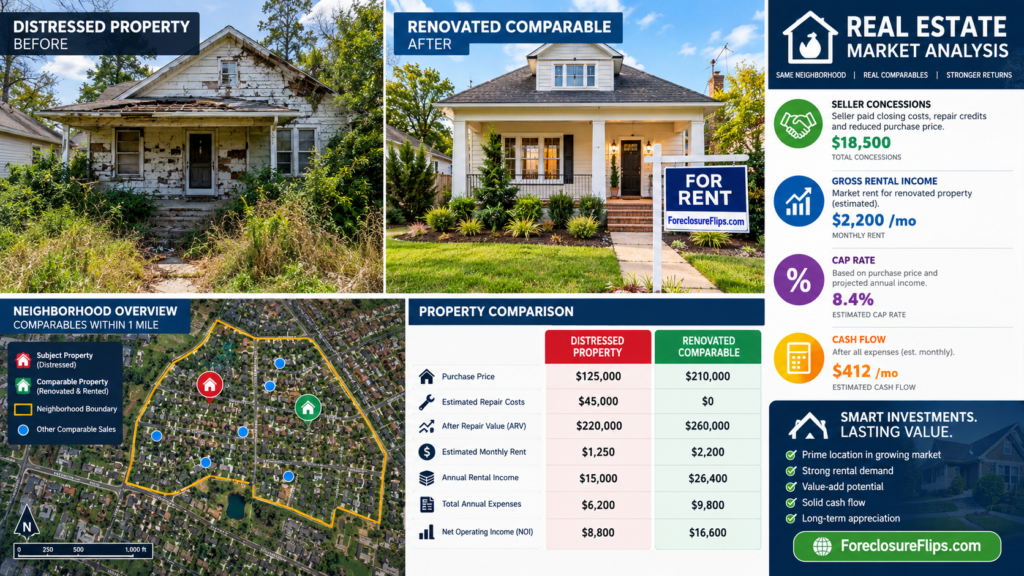 A professional real estate market analysis layout featuring a side-by-side comparison.
