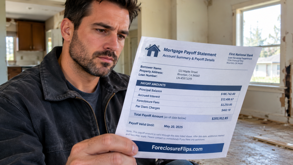 A focused real estate investor examines a paper mortgage payoff statement within the interior of a pre-foreclosure home.