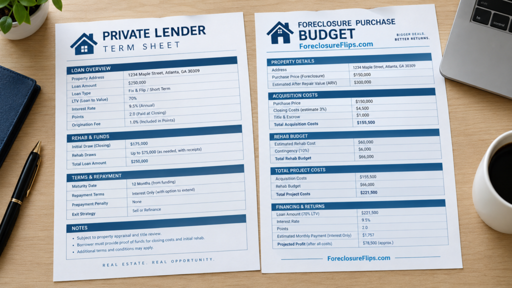 A side-by-side arrangement of a professional private lender term sheet and a foreclosure purchase budget, featuring clearly defined sections for interest rates, points, rehab draws, maturity dates, and repayment terms.
