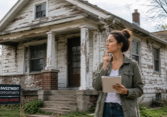 A millennial female real estate investor standing in front of a weathered, distressed residential house with a thoughtful and analytical expression. The property shows visible signs of neglect, such as peeling paint and a worn exterior, characteristic of a budget investment fixer-upper. The scene is captured in natural daylight, emphasizing the textures of the aged building and the contemplative mood of the woman as she evaluates the property's potential.