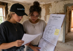 Photorealistic scene of two Gen Z women acting as real estate investors inside a vacant, dusty foreclosure.