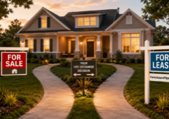 A renovated house featuring two distinct, branching pathways in the foreground. One path is clearly marked for resale with a professional "For Sale" sign, while the other path is designated for rental use with a "For Lease" sign.