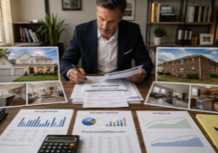 A professional real estate investor sits at an organized wooden desk, carefully comparing different investment strategies.