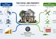 1031 replacement property shown between long-term investment and immediate flip exit strategies.