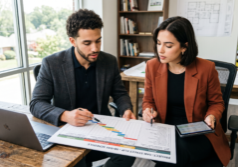 A Gen Z male and female real estate duo in modern professional attire, intently reviewing a 90-day foreclosure flip schedule. The document displays distinct phases for closing, renovation, listing, and resale. Bright, natural lighting illuminates their focused expressions and the textures of their clothing, maintaining the original composition while refining the specific details of the project timeline and their youthful appearance.