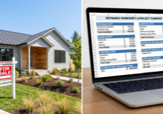 A modern, professionally renovated residential property positioned alongside a clear financial refinance worksheet.