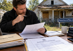 A focused real estate investor meticulously analyzes a spread of property deeds and official bankruptcy court dockets on a desk.