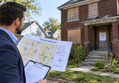 A professional real estate investor in business casual attire stands on a sidewalk, comparing a detailed municipal property map to a vacant two-story house.