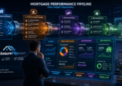 A professional editorial illustration of a financial data pipeline representing mortgage performance.