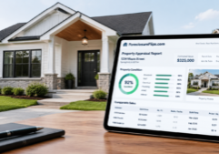 A freshly renovated house positioned alongside a modern digital tablet displaying a professional appraisal report.