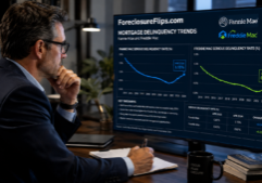 A professional investor in business attire closely analyzing detailed line charts showing mortgage delinquency trends on a digital display.